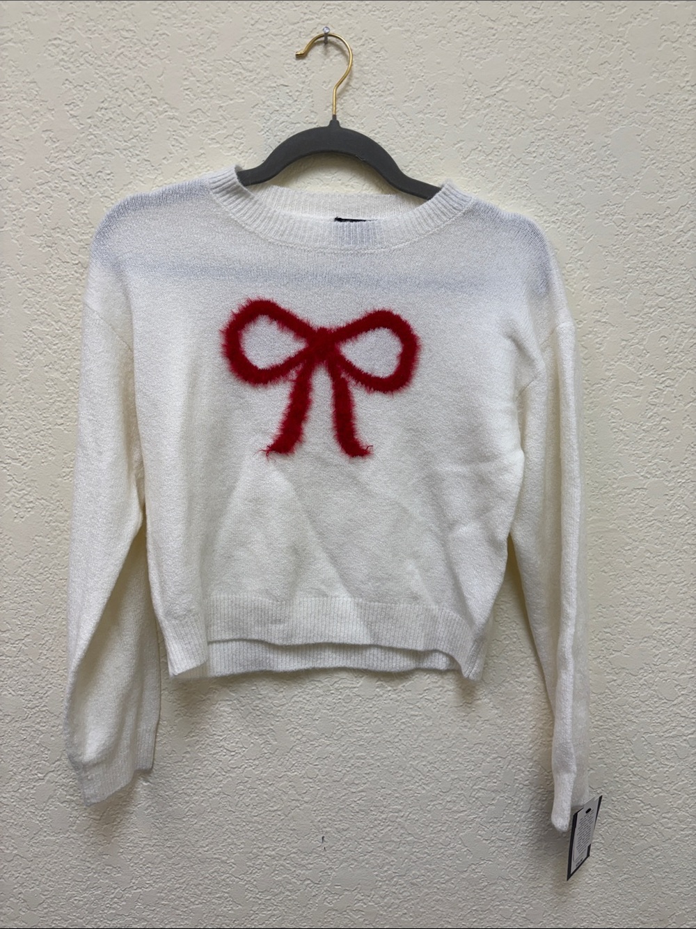 White Sweater with Red Bow Accent - Women's Cozy Pullover